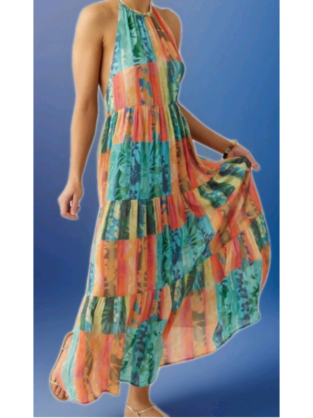 O'NEILL-Jennifer Beachy Boho Halter Dress Tropics Crinkle Tiers Fairy Festival-M